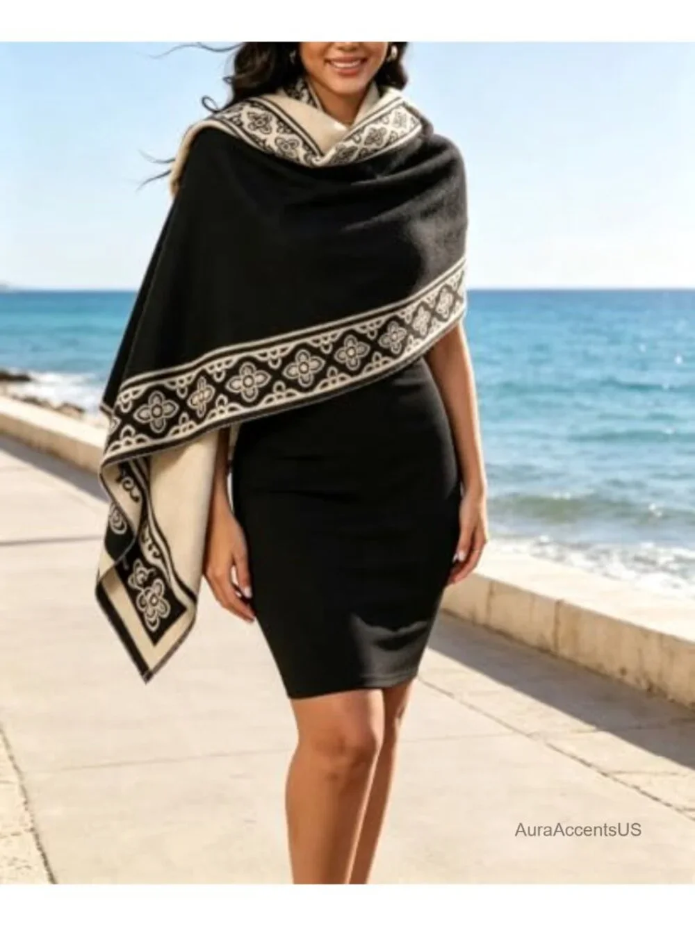 Womens Geometric Shawl Wrap Reversible Winter Blanket Scarf